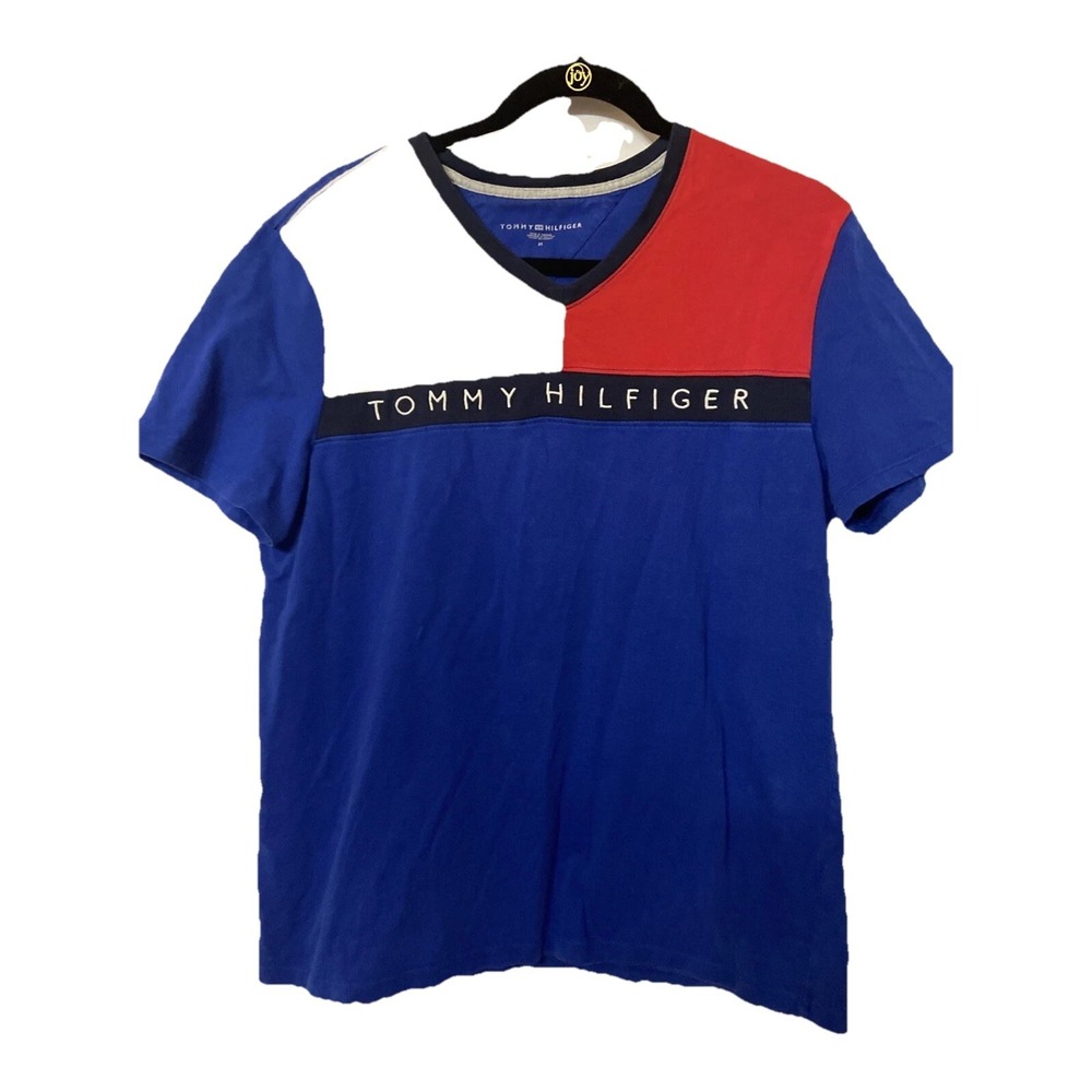 Tommy Hilfiger Men's Shirt Size M Red White Blue Short Sleeve Logo Y2K Athletic